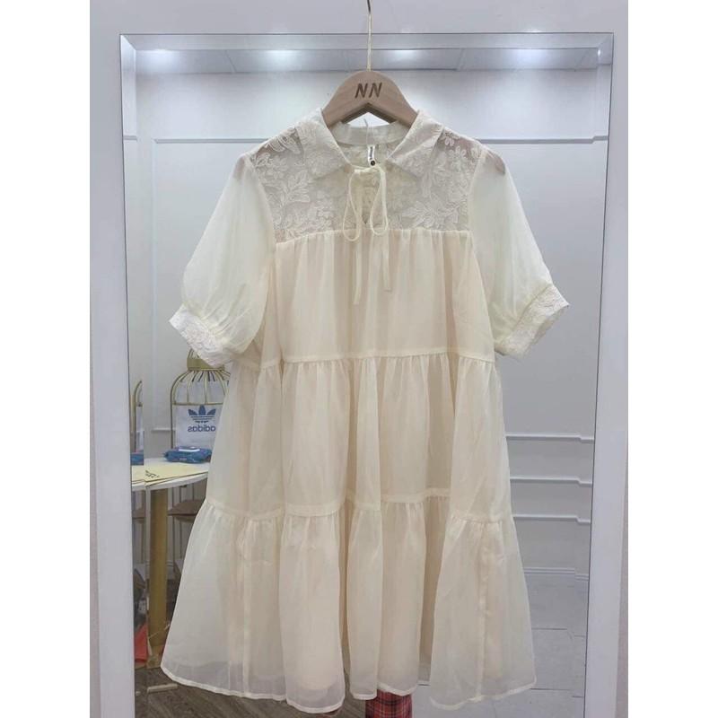 Váy suông cổ buộc nơ phối ren dáng babydoll tầng, đầm xuông rộng freesize tay bo phồng mã v247 - Michi's House