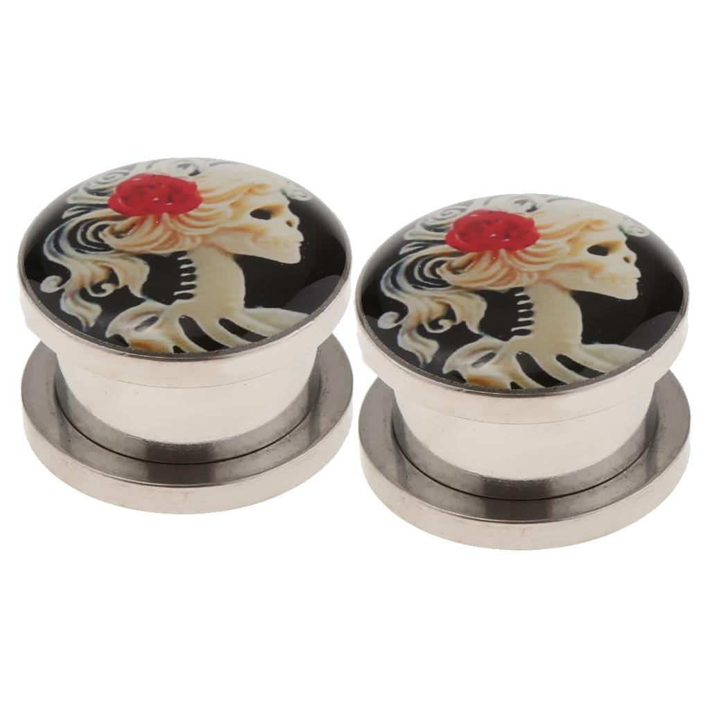 2 Pcs Gothic Red Rose Skull Ear Tunnels Expanders Halloween Gifts