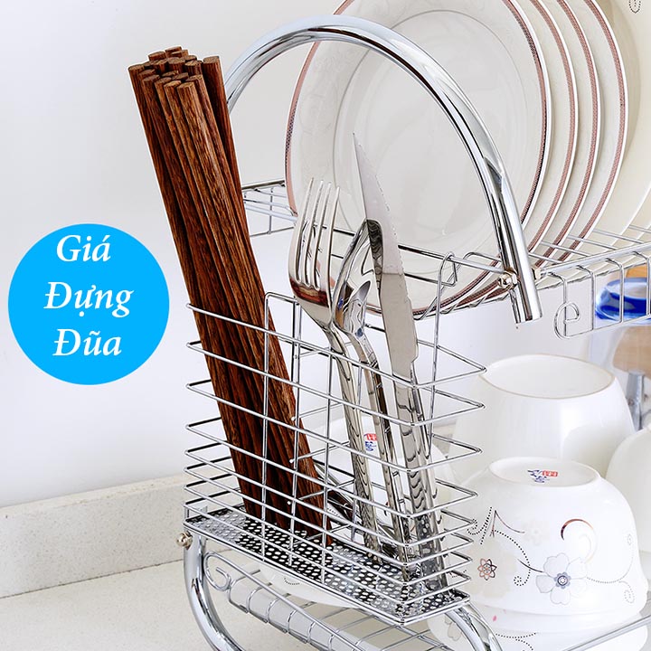 Giá kệ úp bát đĩa Inox 2 tầng có khay hứng nước hình chữ S