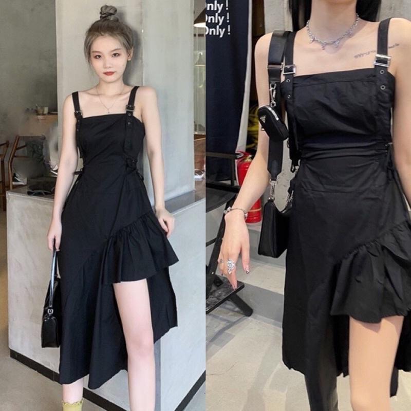 Đầm 2 Dây Đen Lêch Vạt Buộc Eo Siêu Xinh