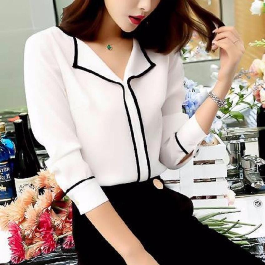 Aó kiểu cổ lật tay dài đen viền trắng