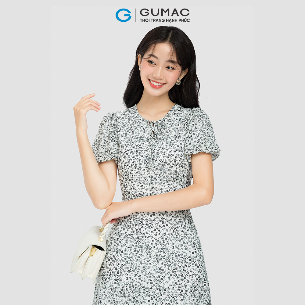Đầm hoa nơ cổ GUMAC DC08107 - DD05083 đầm A 2 lớp cổ viền tròn sẻ V vải voan