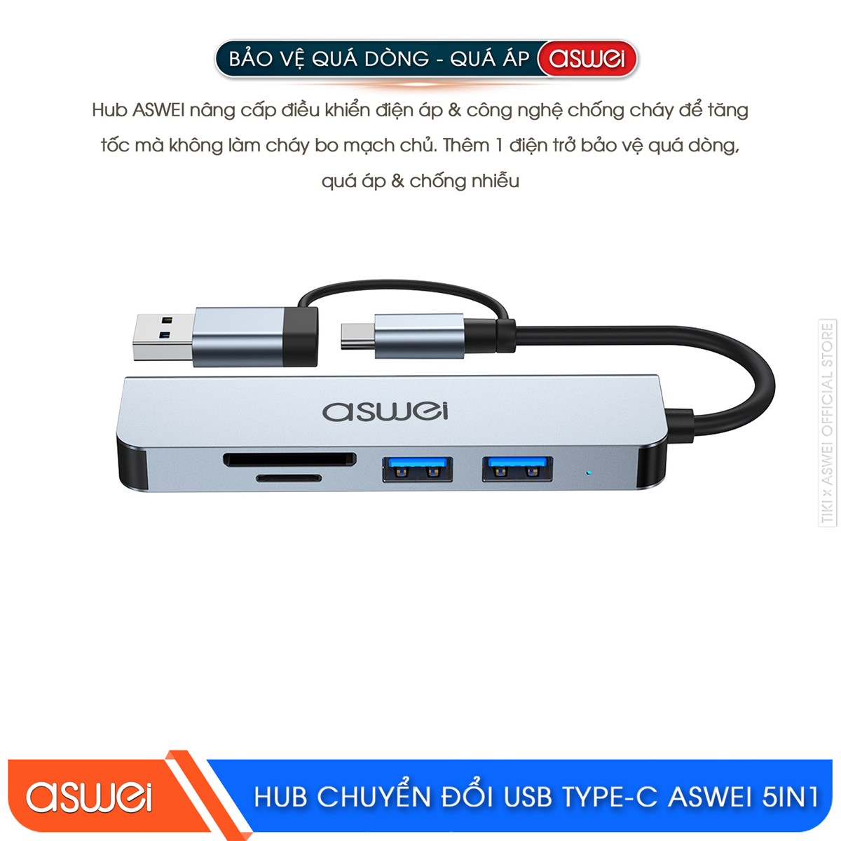 Hub Chuyển Đổi USB Type C ASWEI 5 in 1 - USB 3.0, SD, TF Tốc Độ Cao - Hàng Chính Hãng