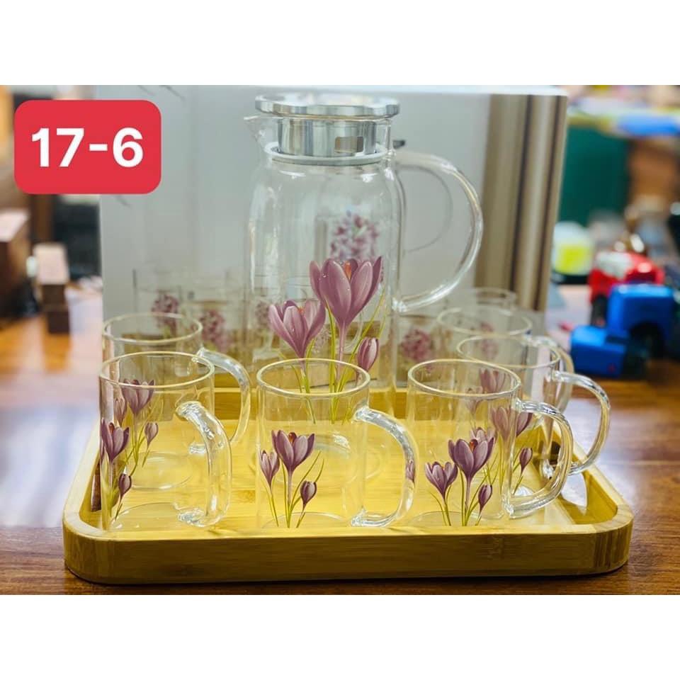 Bộ bình đựng nước uống thủy tinh kèm 6 cốc hoa