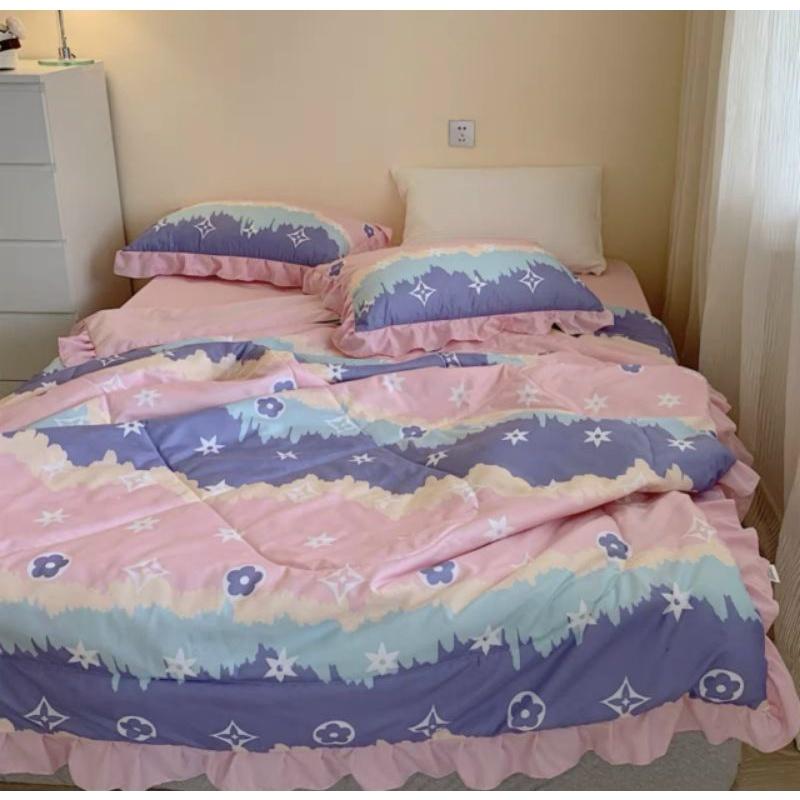 Bộ Chăn Vỏ Ga Gối Cotton Đũi phối bèo Chăn Hè