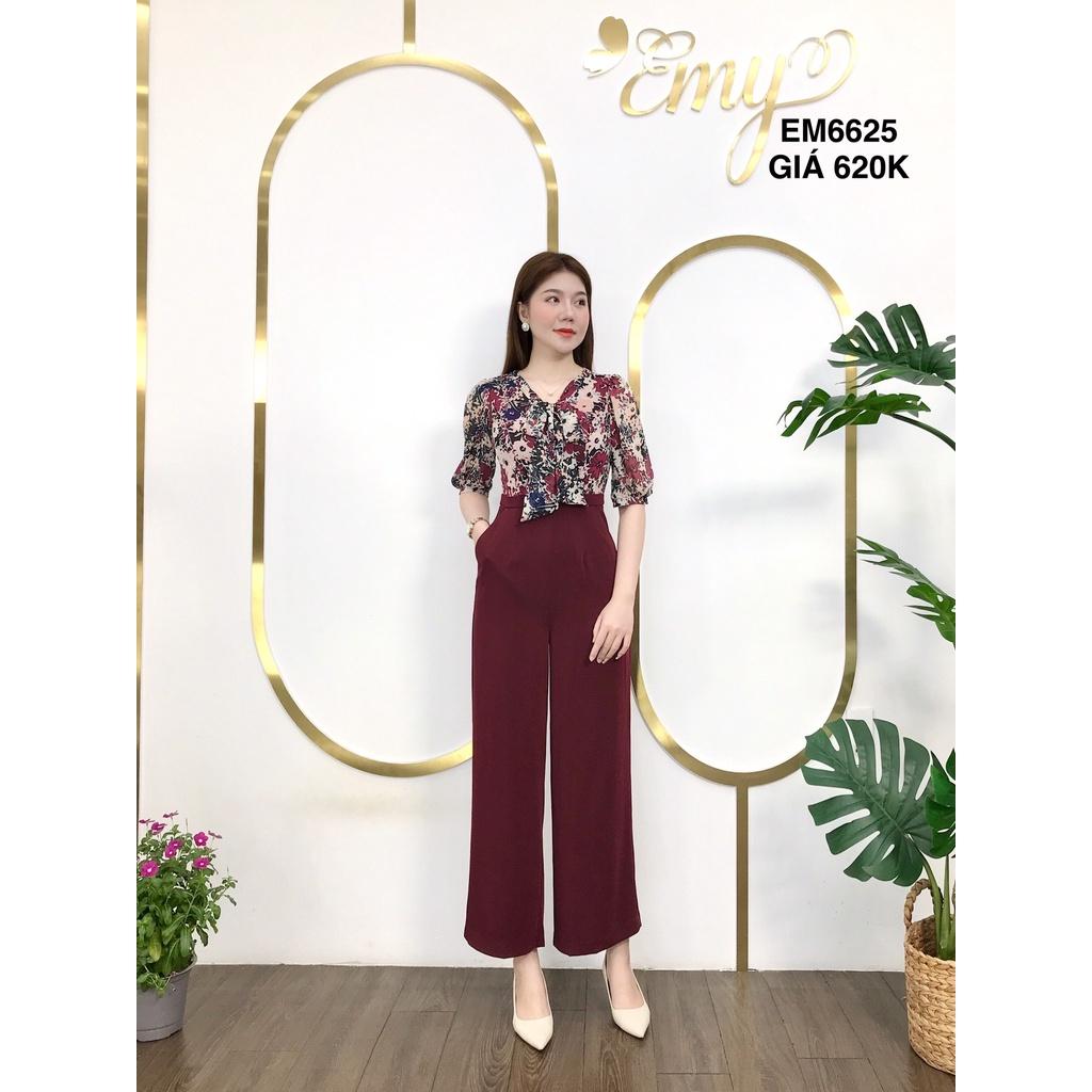 Jumpsuit EMY EM6625 Hoa Lá Phối Màu Phối Dây Cột Nơ
