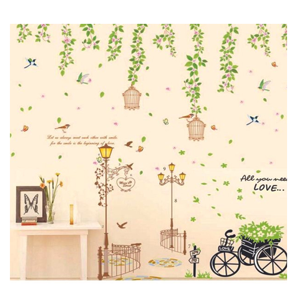 Combo Decal Dán Tường Dây Leo Lồng Chim, Xe Đạp Xanh Và Góc Công Viên PK438