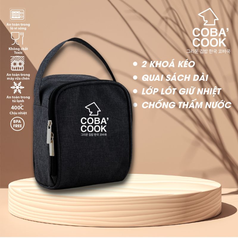 Túi đựng hộp cơm hình vuông logo COBA'COOK- Giấy bạc giữ nhiệt và 2 khóa kéo tiện dụng-CBS