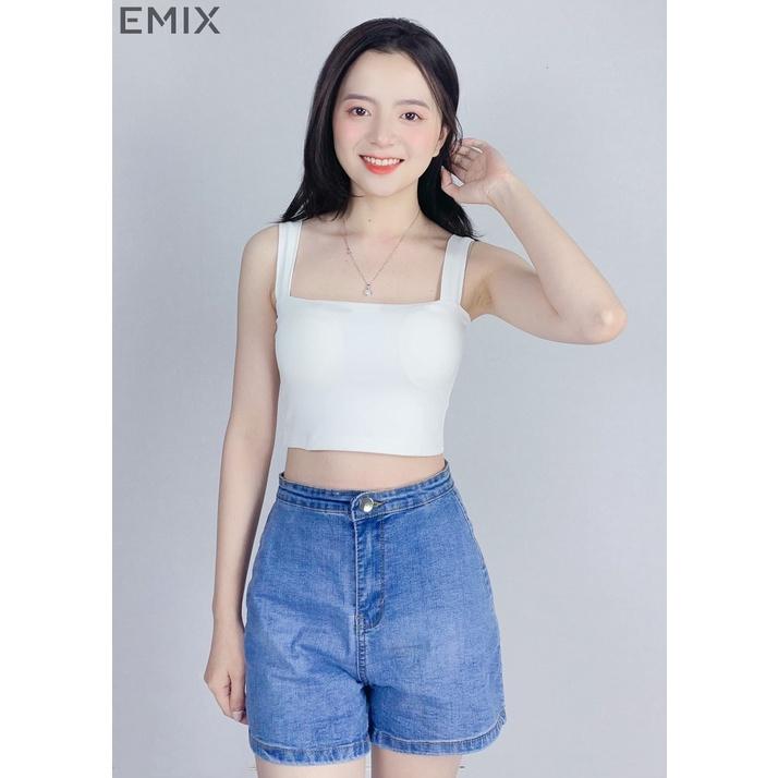 Áo croptop nữ 2 dây bản to EMIX (4 màu), dáng ngắn, cổ vuông, có mút lót, vải cotton co giãn, thấm hút tốt 6045