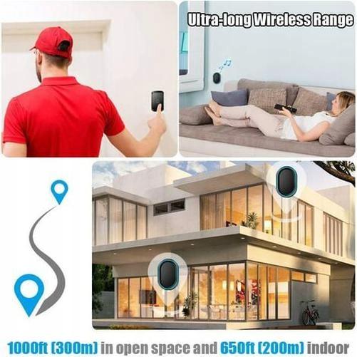 Chuông cửa không dây chống nước ngoài trời, Chuông cửa không dây chống nước điện, Phạm vi 300m, Bộ chuông cửa với đèn flash LED, 58 giai điệu, 1 máy phát+1 máy thu
