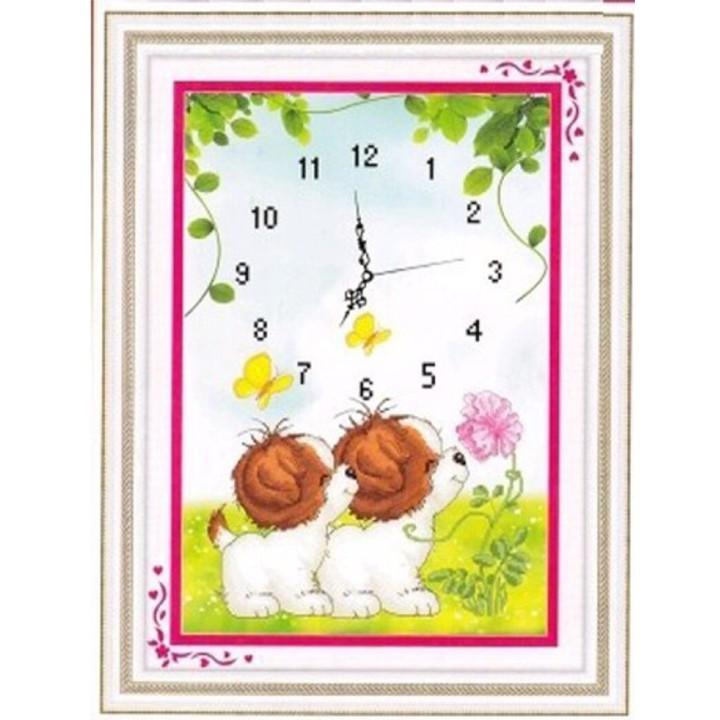 Tranh thêu đôi chó trắng đồng hồ A988 - kích thước: 37 * 50cm.