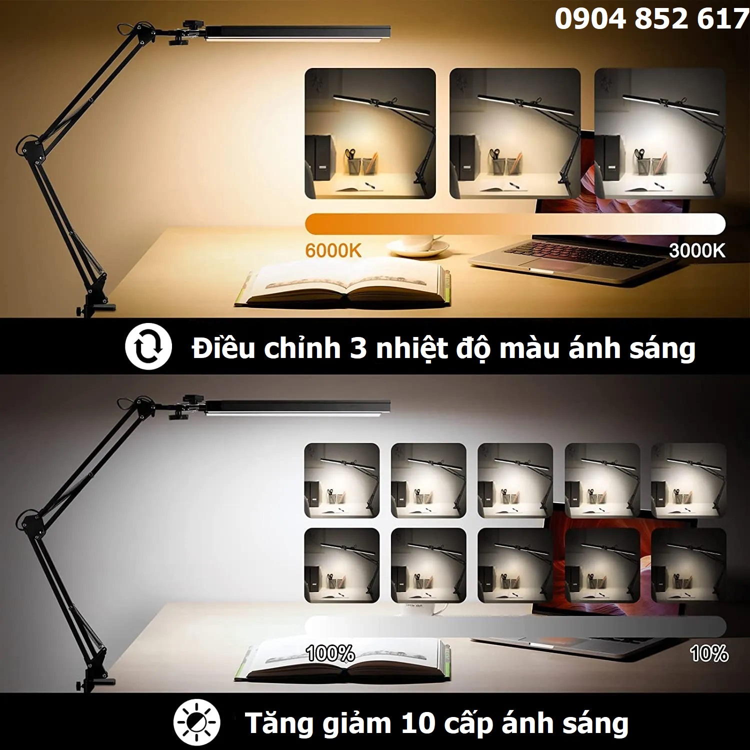 Đèn Bàn Kẹp Gấp Gọn LED đôi 2 cánh tay dài, Đèn treo màn hình máy tính, bảo vệ mắt, học tập, làm việc, decor, Spa, Nail