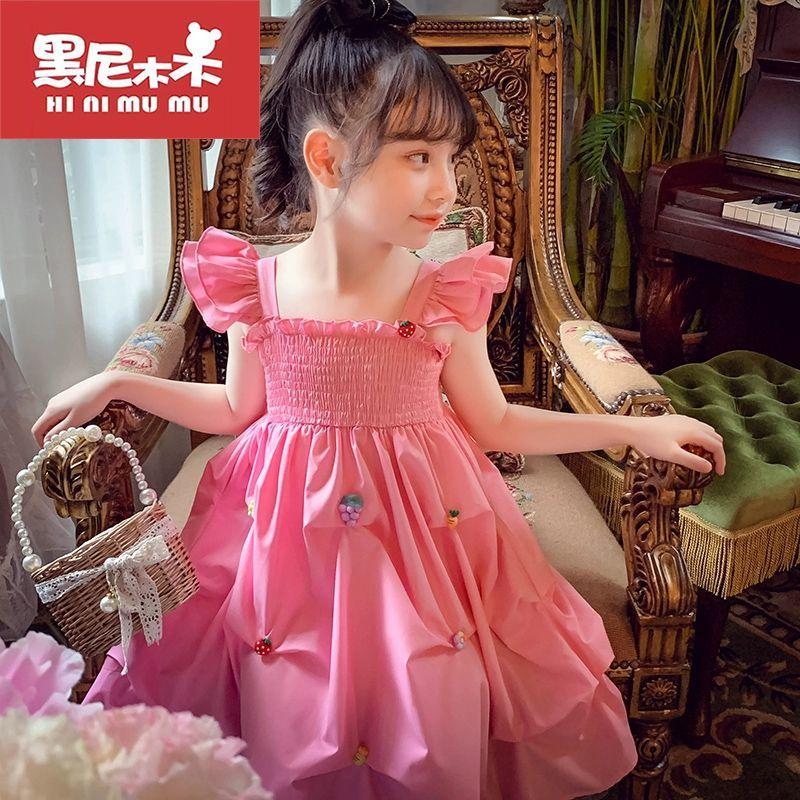 SHUANGYAN Cô gái công chúa váy mùa hè 2023 phong cách phương Tây trẻ em thời trang rắn màu sling váy cô gái nhỏ lưới váy đỏ