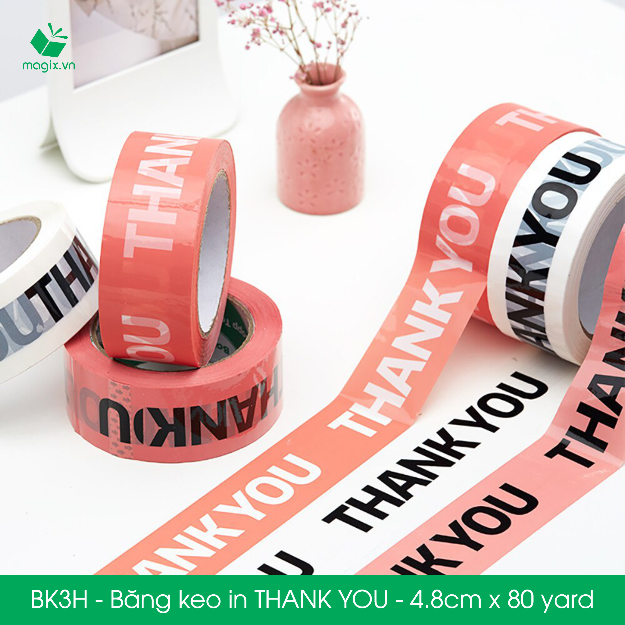 BK3H - 1 Cuộn băng keo in chữ THANK YOU 4.8cm x 80yard băng dính niêm phong hàng dễ vỡ