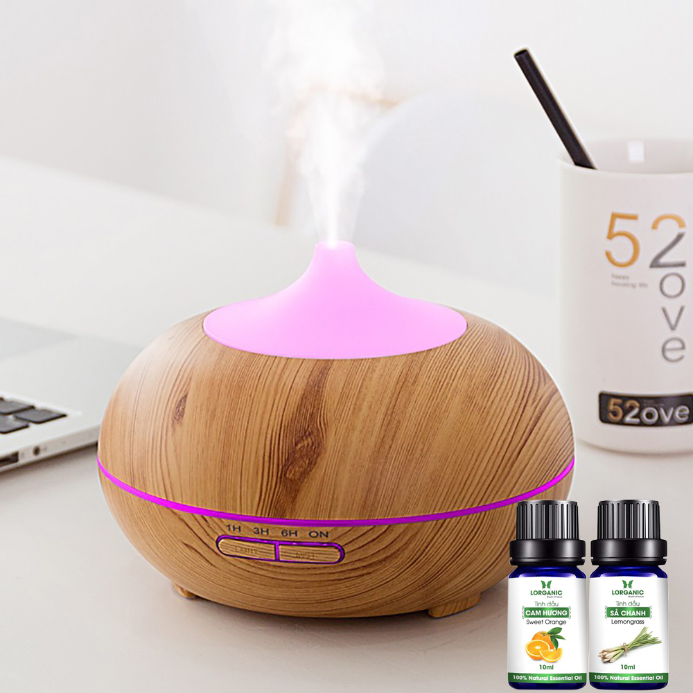 Combo Máy khuếch tán/ máy xông tinh dầu Bí Ngô gỗ vàng Lorganic FX2026 + tinh dầu sả chanh + tinh dầu cam Lorganic