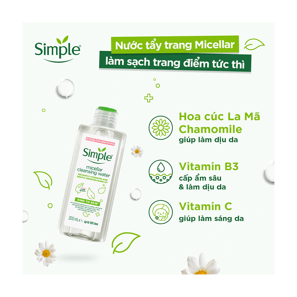 Nước tẩy trang dịu nhẹ Simple Micellar Cleansing Water dành cho mọi loại da (200ml)