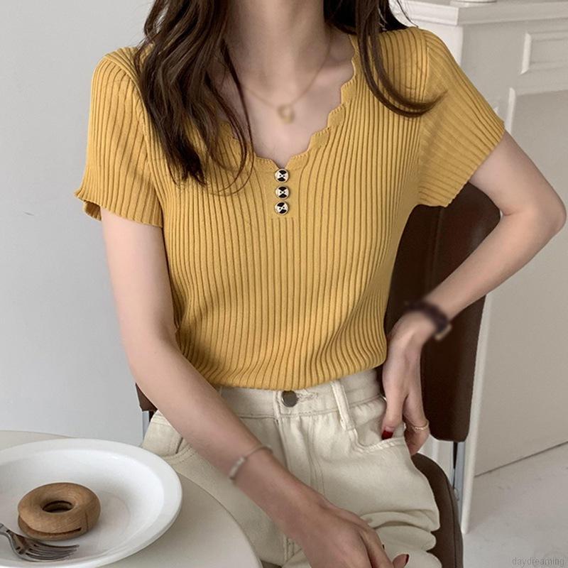 Áo Thun Dệt Kim Tay Ngắn Màu Trơn Thiết Kế Cổ Chữ V Thanh Lịch