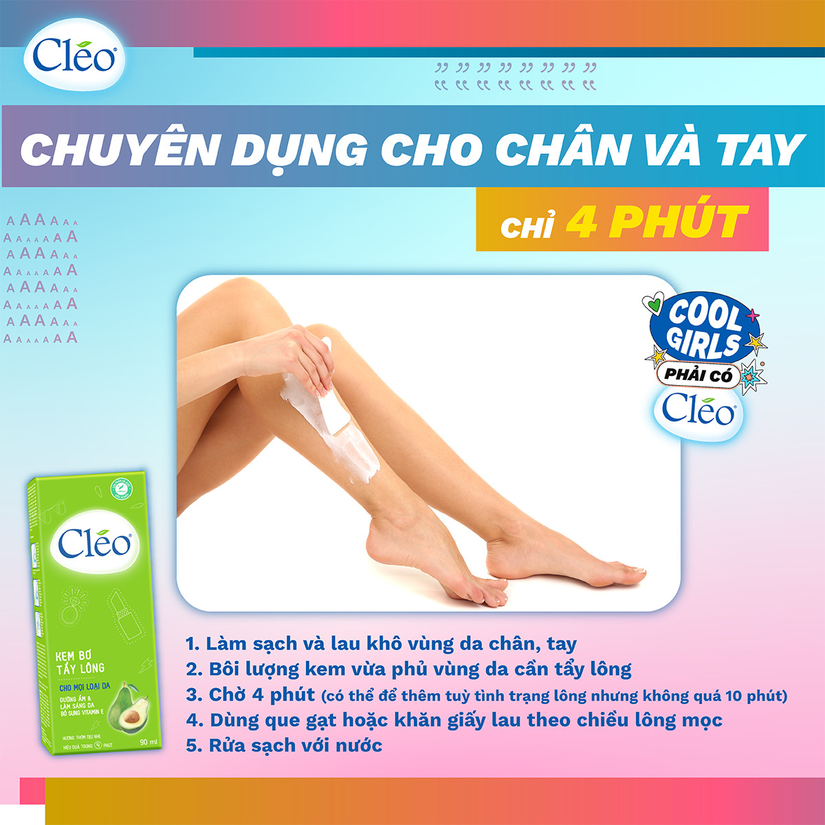 Combo tẩy lông nách Cléo cho da thường chiết xuất bơ 50g và tẩy lông chân tay Cléo an toàn trong 4 phút 90ml