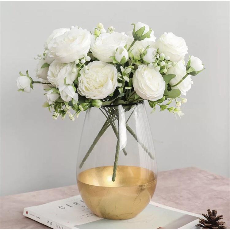 Bó hoa hồng Juliet lụa cao cấp 5 bông 4 nụ kèm quả điểm trang trí phòng khách, cửa hàng siêu đẹp Flowermini HH-504