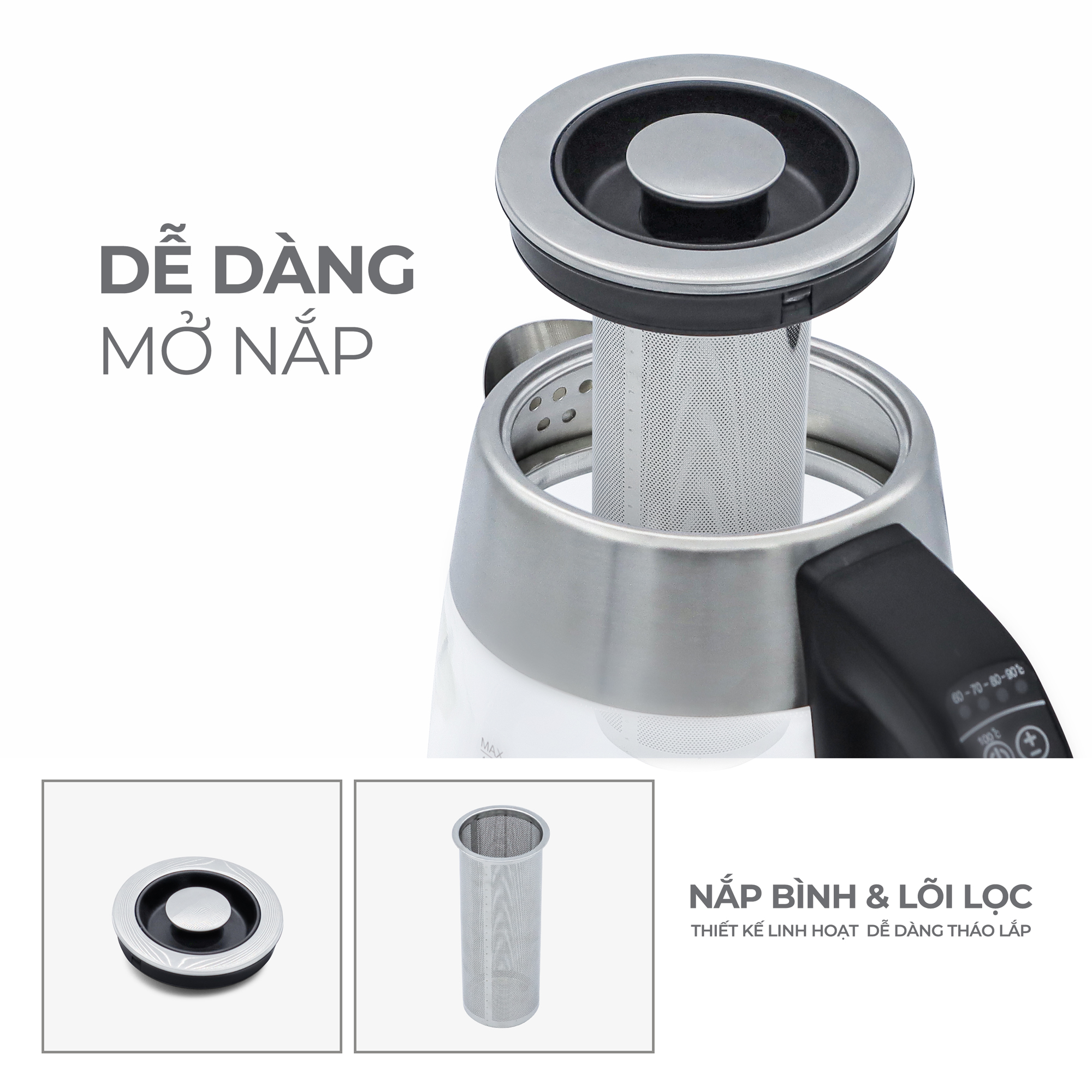 Ấm siêu tốc LEBENLANG LBDD2628 bằng thủy tinh, dung tích 1.7 lít, điều khiển nhiệt độ tùy ý, lõi lọc trà có thể tháo rời - hàng chính hãng