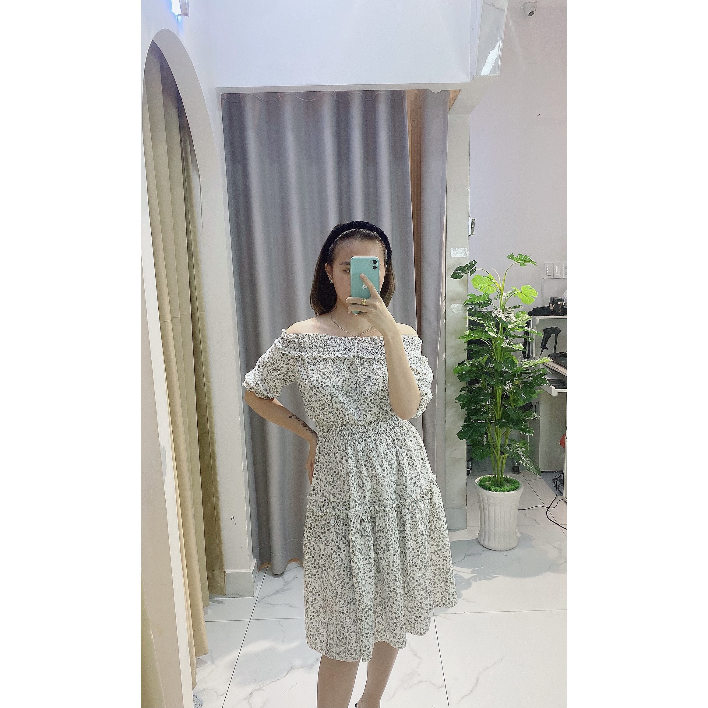 Váy nữ thời trang trễ vai tiểu thư, kiểu bẹt vai nhúng eo,bộ váy đầm dài công chúa chất bao mát không nhăn, V004