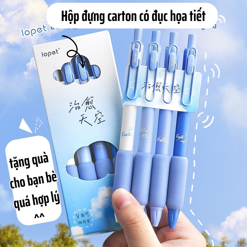 Hộp 4 Bút Gel Lopet Cao Cấp Mực Đen Ngòi 0.5mm Có Đệm Tay Màu Pastel Siêu Xinh - VPP Thiên Ái