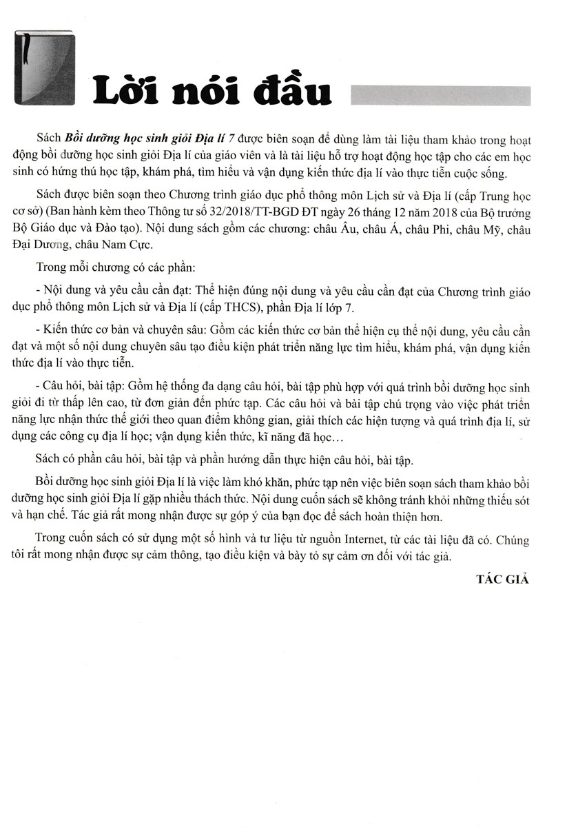 Bồi Dưỡng Học Sinh Giỏi Địa Lí 7 ( Theo Chương Trình GDPT Môn Lịch Sử - Địa Lí Cấp Trung Học Cơ Sở - ND)