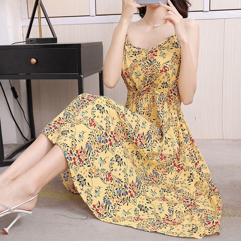 DONGSHOP Mùa hè 2023 Hàn Quốc phiên bản có thể điều chỉnh treo vest đầm mỏng mỏng trung bình dài hoa bãi biển váy