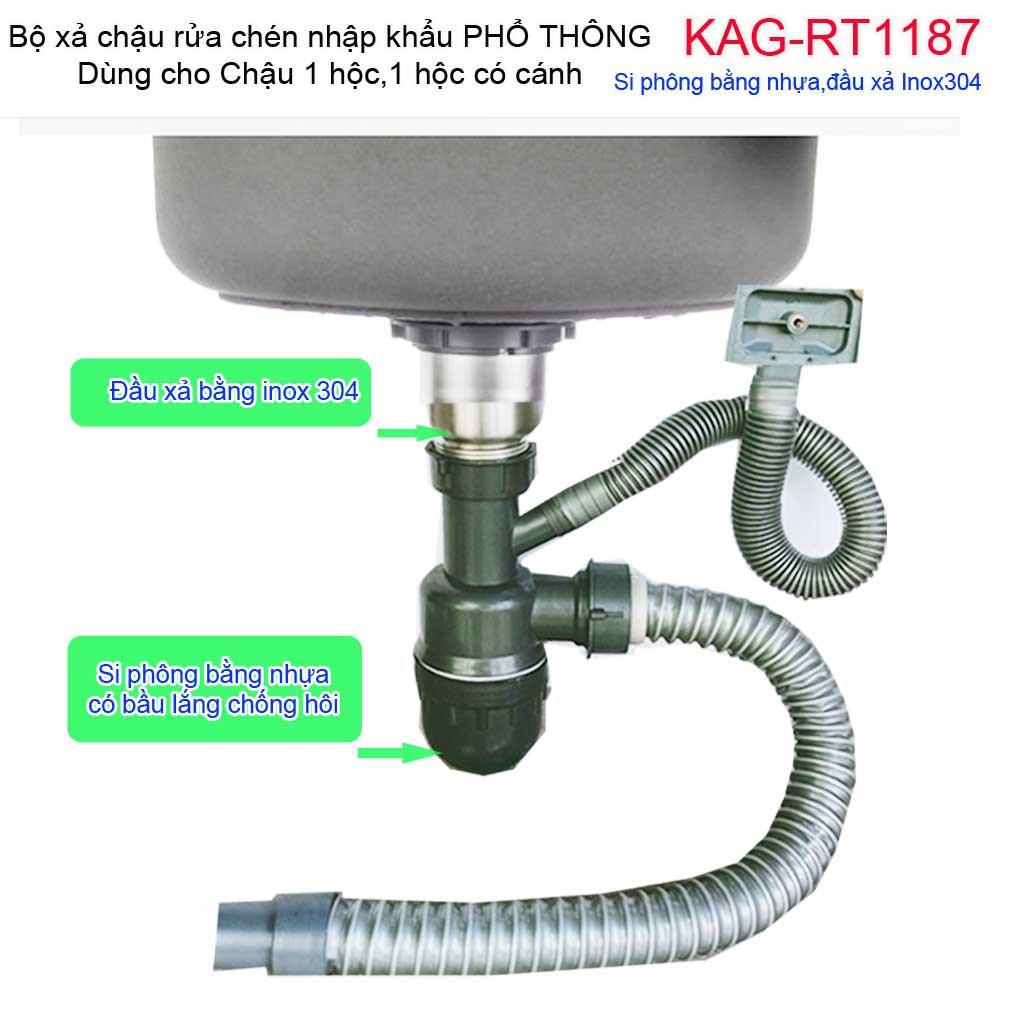 Bộ xả chậu chén bát 1 hố trọn bộ, ống xả xi phông chậu rửa chén bát 1 hộc KAG-RT1187