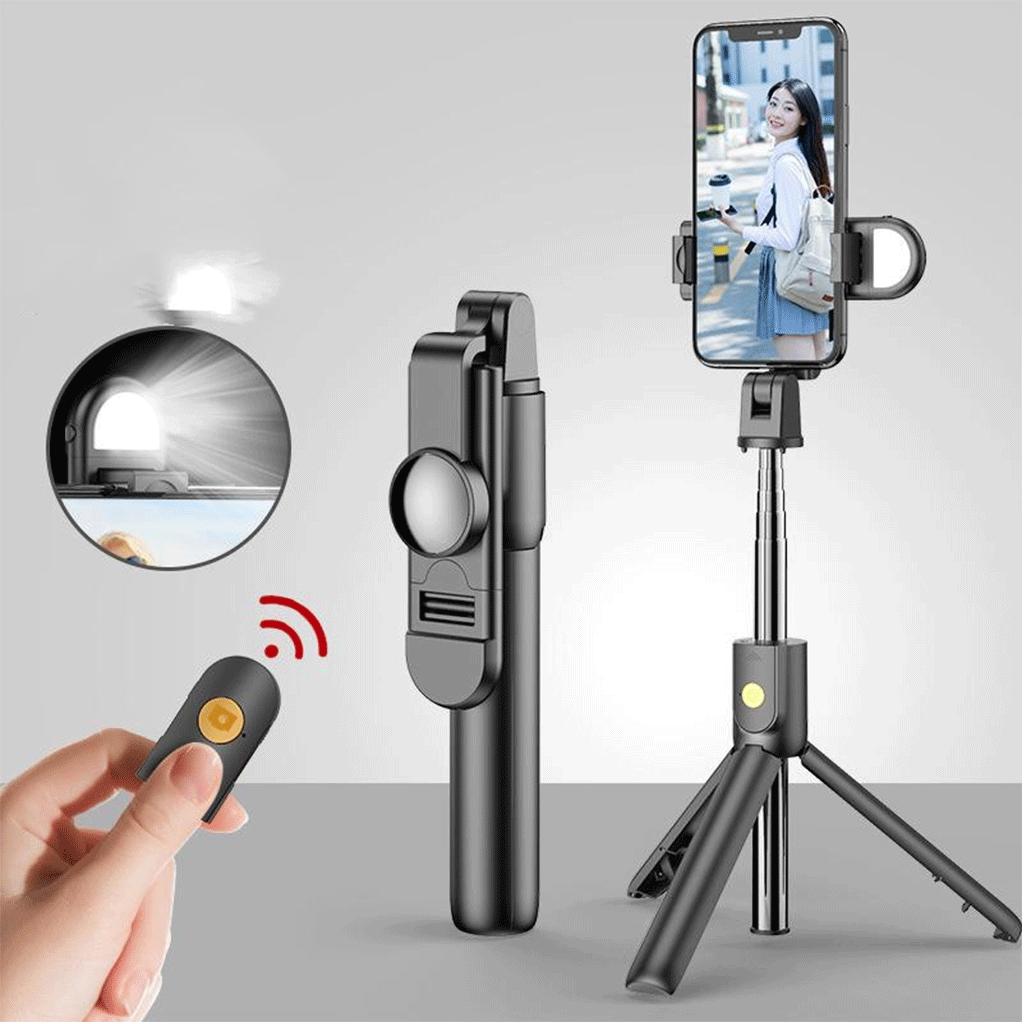 Wireless Bluetooth Selfie Stick w/Fill Light Tripod Remote Control Black