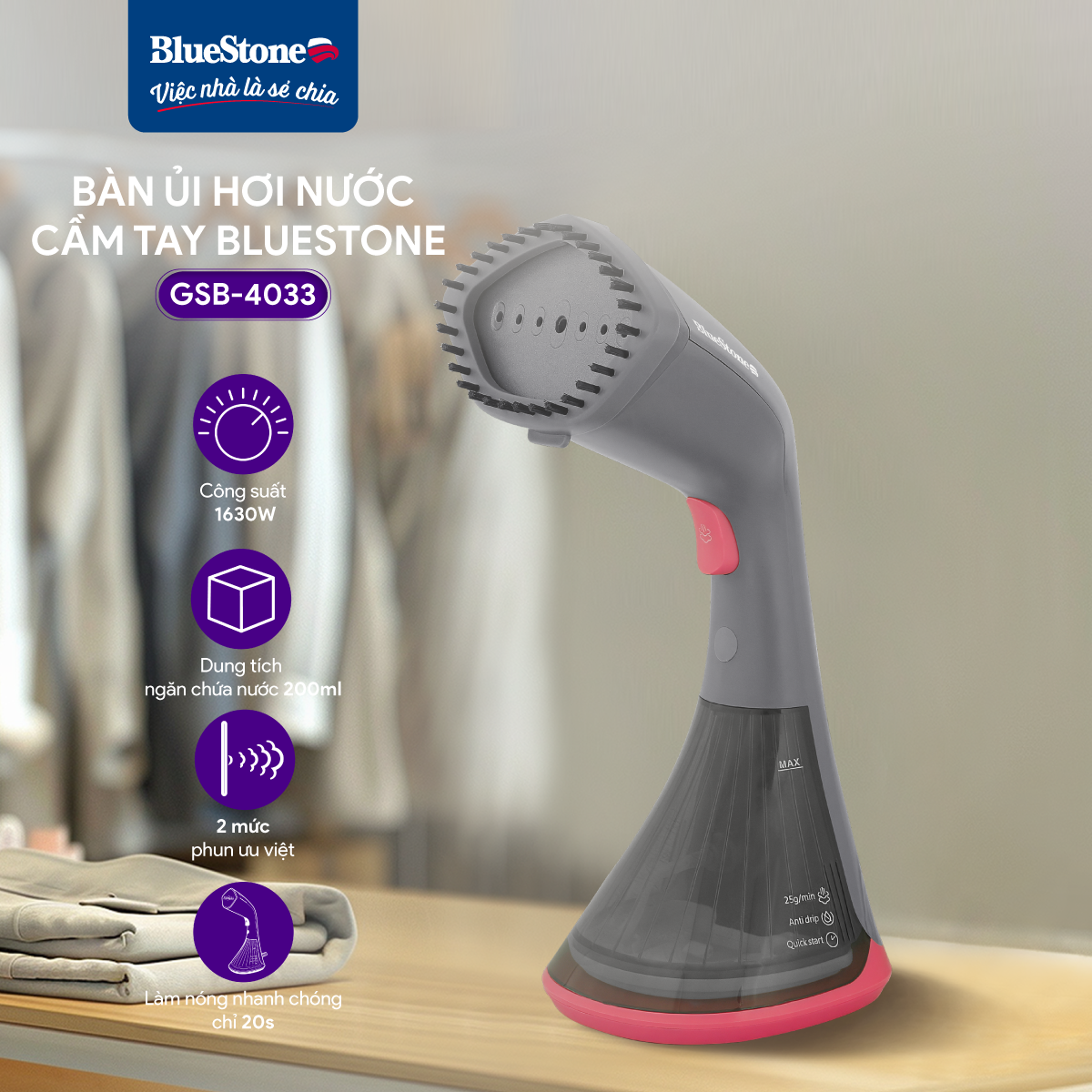 Bàn Ủi Hơi Nước Cầm Tay BlueStone GSB-4033 1500W - Hàng Chính Hãng
