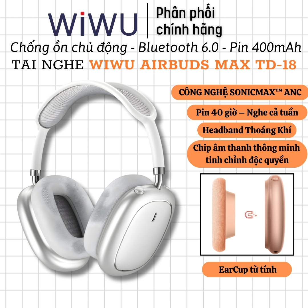 Tai Nghe Bluetooth 6.0 chống ồn chủ động SonicMax ANC 38dB hiêuWiWU Airbuds MAX TD-18 -38dB | Driver 40mm | Pin 40 Giờ | Earcups Xoay 360 | Headband Thoáng Khí - hàng nhập khẩu