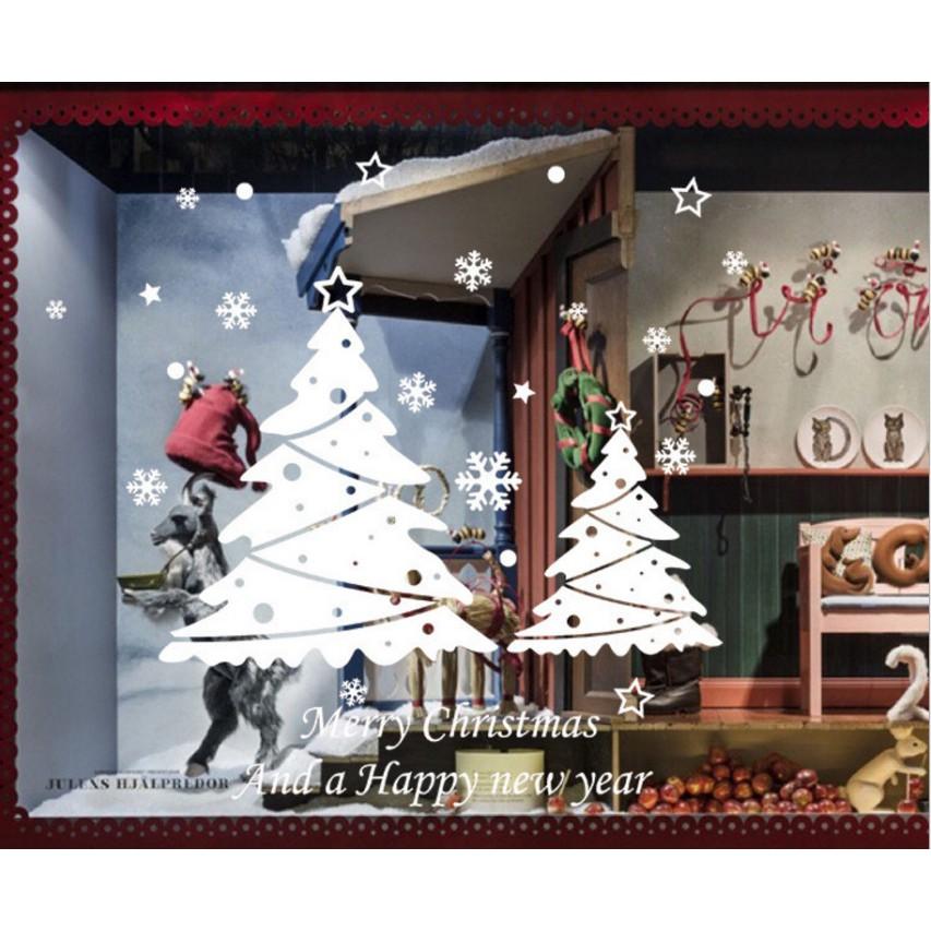 Decal trang trí noel 2 mặt hít tĩnh điện không dơ kính Mẫu hai cây thông trắng
