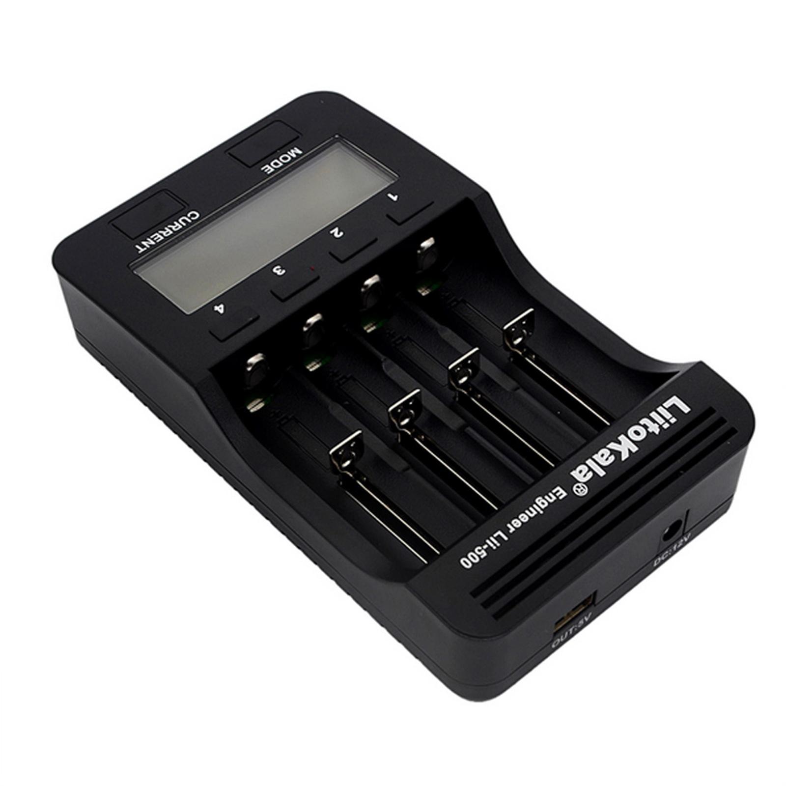 Bộ sạc pin thông minh LiitoKala Lii-500 có 4 khe cắm pin Màn hình LCD cho Ni-MH Ni-Cd Li-ion - Đen - Phích cắm của Vương quốc Anh