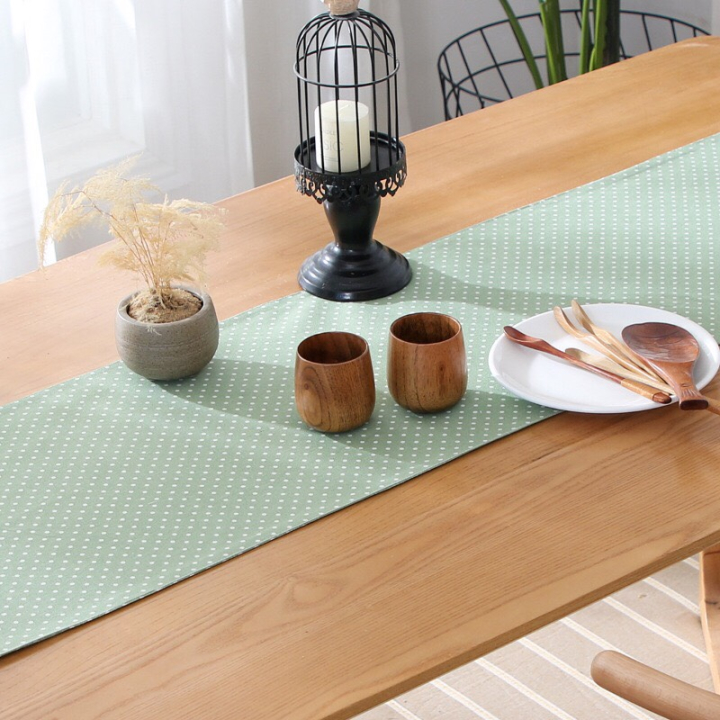 Khăn trải bàn table runner vải bố - Chấm bi xanh lá mạ - mẫu C04