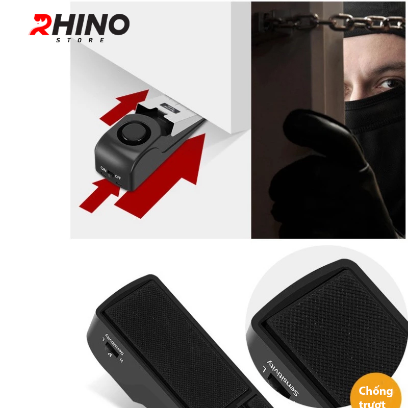 (Sẵn Pin) Chuông chặn cửa, kẹp cửa chống trộm Rhino C02 120DB cảnh báo lớn hàng chính hãng