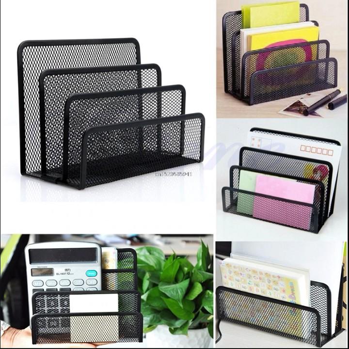 Khay lưới 3 ngăn để thư tài liệu CÓ ỐNG CẮM BÚT đa năng cho bàn làm việc gọn gàng