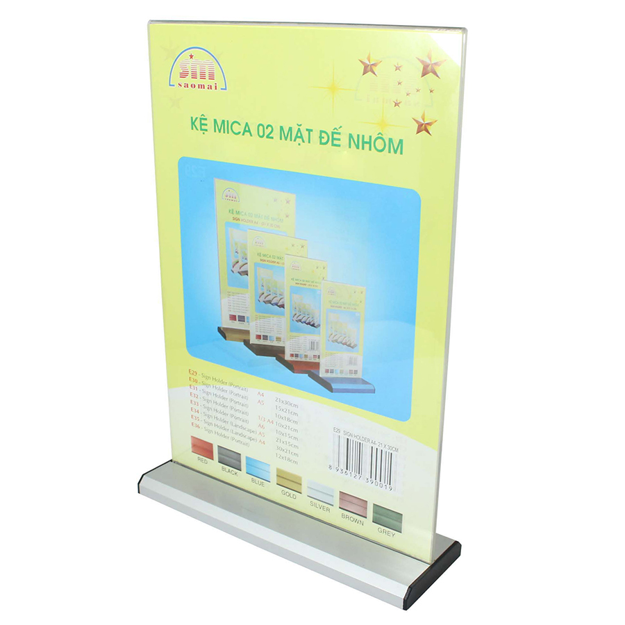 Kệ Mica 2 mặt A5 đứng - Đế lùa Nhôm E30 KT: 15 x 21cm)