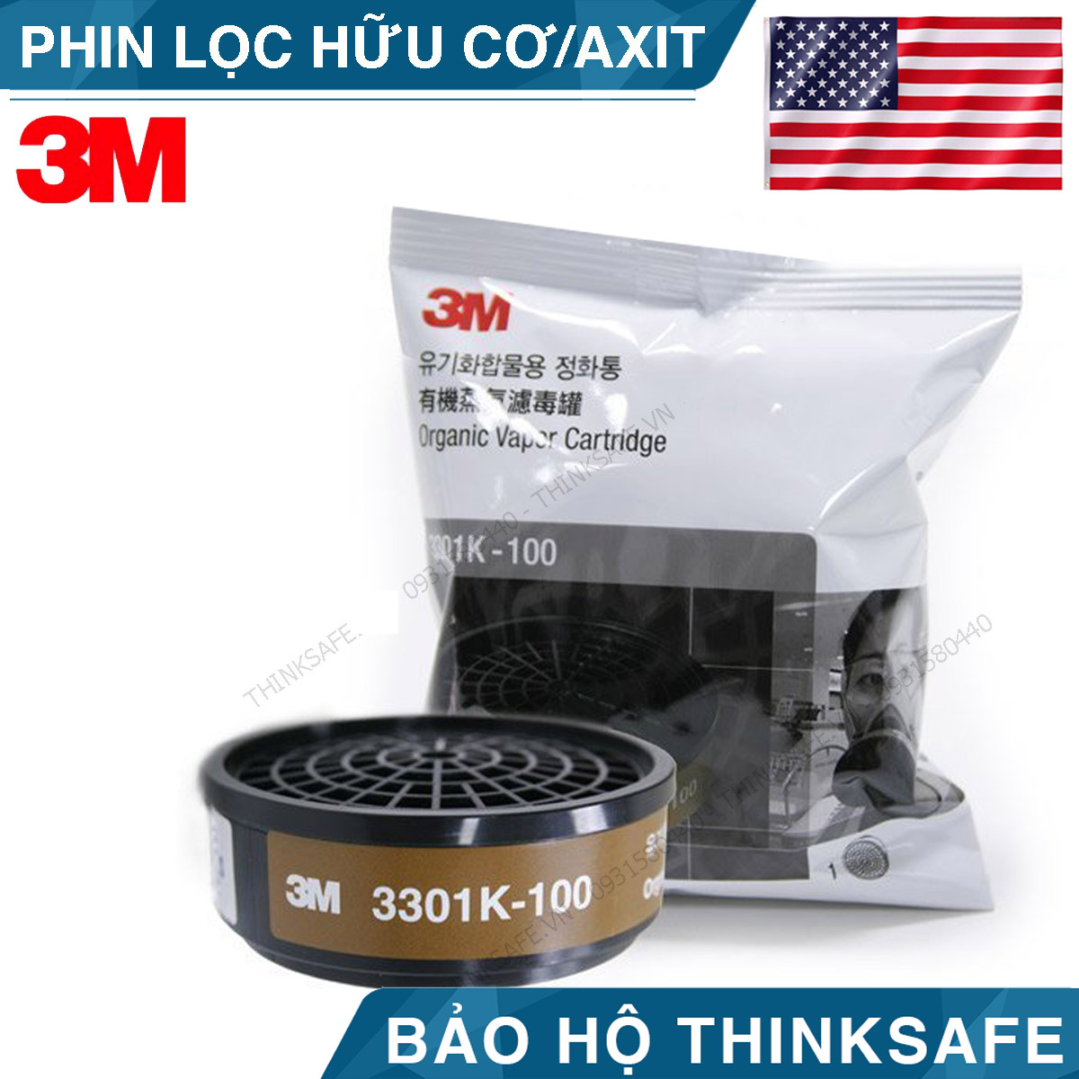 Phin lọc 3M 3301K chính hãng lọc bụi, môi trường ô nhiễm, hơi hữu cơ thường sử dụng cho mặt nạ phòng độc 3M 3200, Hf52