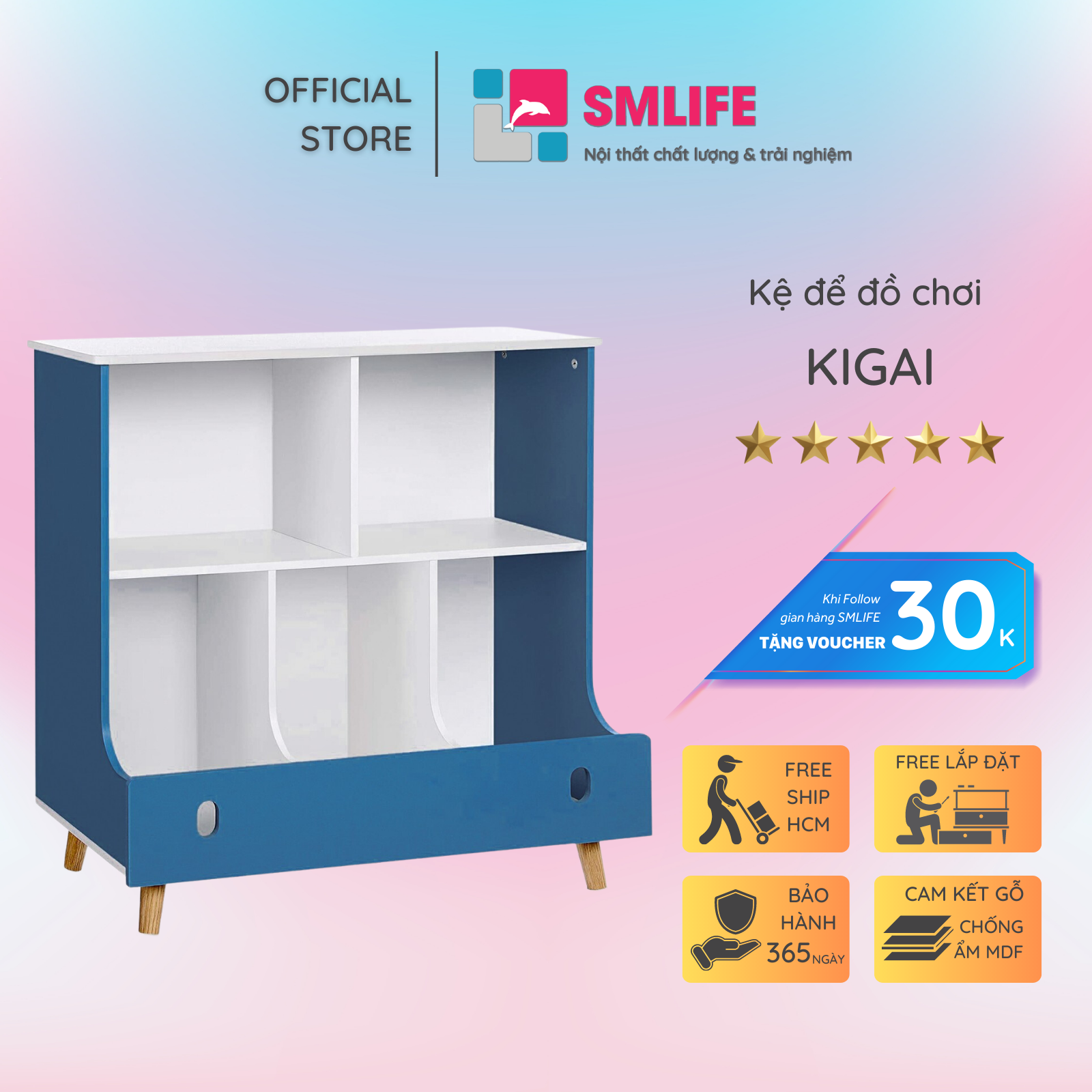 Kệ để đồ chơi cho bé SMLIFE Kigai | Gỗ MDF dày 17mm chống ẩm | D80xR40xC80cm