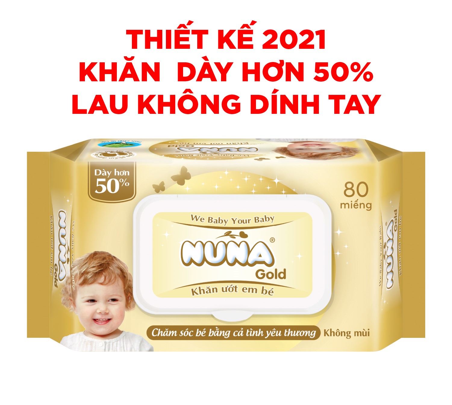 { Quà Tặng Thiết Kế Mới} -Khăn ướt em bé Nuna Gold Siêu Dày 60gsm 80 MIếng Không Mùi