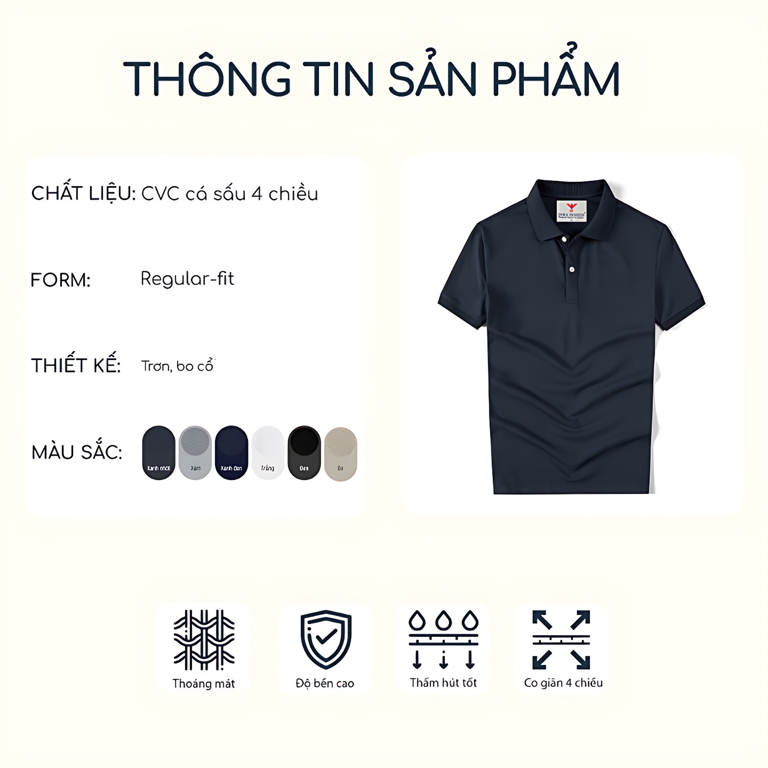Áo Thun Nam Cổ Bẻ Cao Cấp DOKA, Chất liệu thun cá sấu 4 chiều ngoại nhập