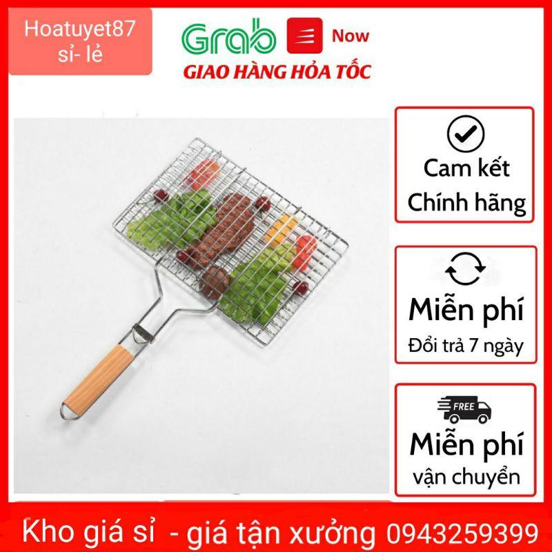 Vỉ Nướng Inox, Kẹp Nướng Thịt, Chả, Nướng Thực Phẩm Than Hoa Cao Cấp Cán Gỗ