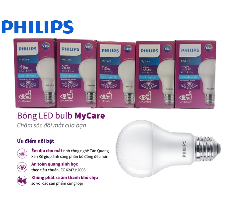 Bóng đèn PHILIPS LEDBULB Mycare A60 -Công suất (4W,6W,8W,10W,12W)