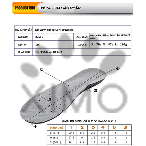 Lót giày thể thao êm chân lọc khí tăng 0,5 Size LGTT02