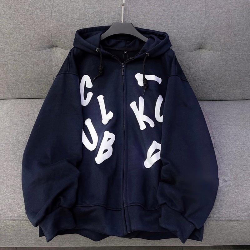 Áo khoác dây kéo nỉ lót bông chữ in nổi Club unisex