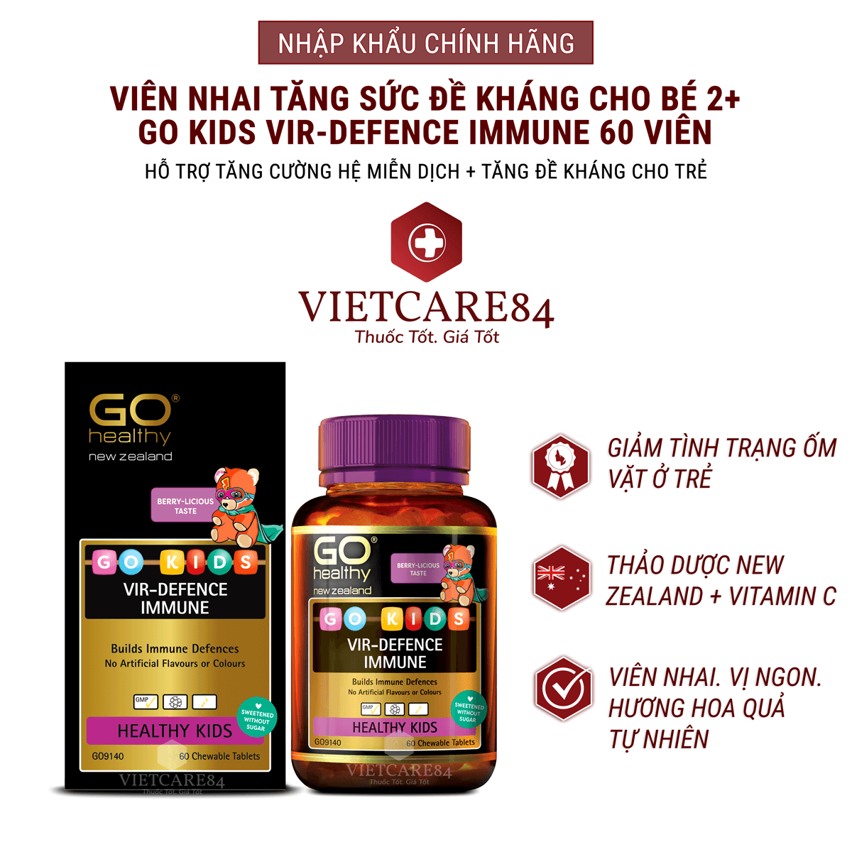 Viên nhai tăng sức đề kháng cho bé nhập khẩu chính hãng New Zealand GO KIDS VIR-DEFENCE IMMUNE   hỗ trợ tăng cường sức khỏe, tăng sức đề kháng; giảm tình trạng mệt mỏi hay ốm vặt ở trẻ em