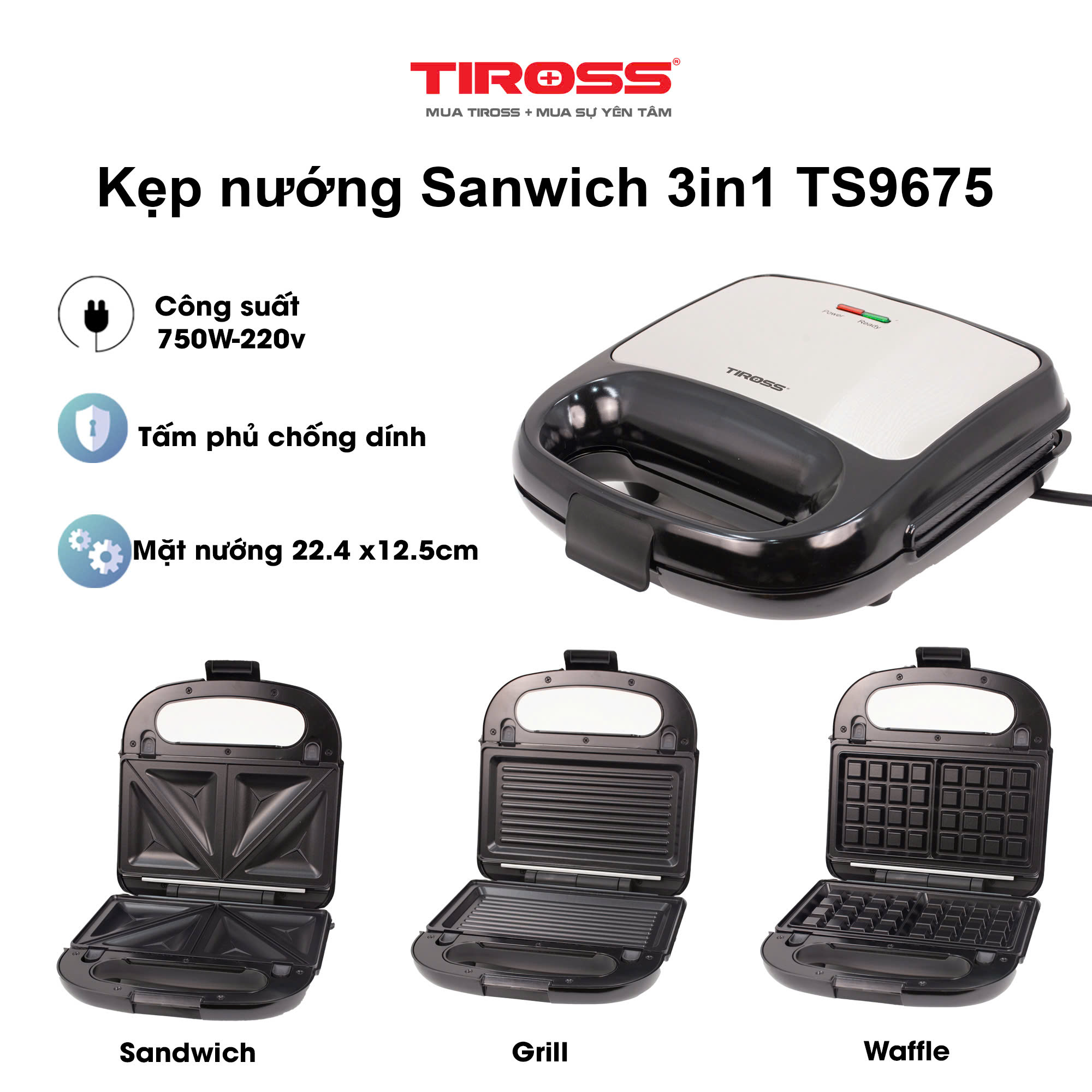 Kẹp nướng sandwich TIROSS 3 trong 1 TS9675 - Hàng chính hãng
