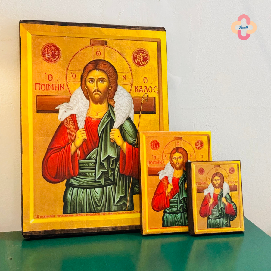 Icon Chúa Chiên Lành - Tranh Gỗ Thủ Công Màu Rustic / Icon of the Christ the Good Shepherd