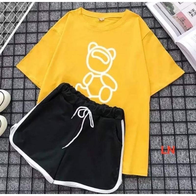 Bộ áo phông gấu nghiêng đầu + quần đùi viền DA45